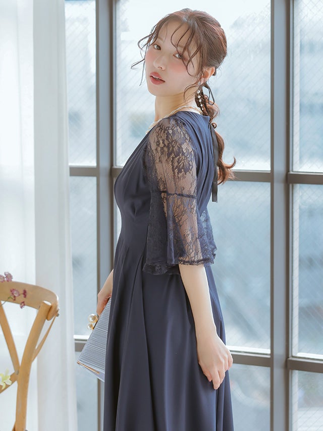 SUPER SALE] レースフレア半袖タックウエストマークVネックパーティー