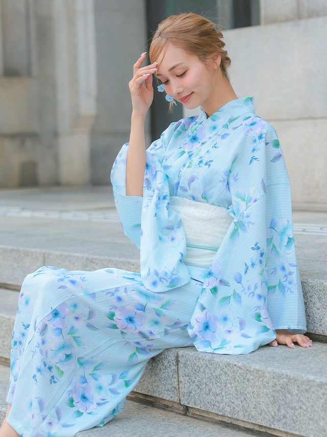 SUPER SALE] 水色地に青色花柄ストライプ模様2wayワンピース浴衣3点