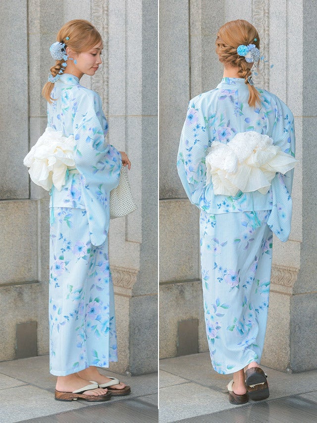 浴衣早割] 水色地に青色花柄ストライプ模様2wayワンピース浴衣3点