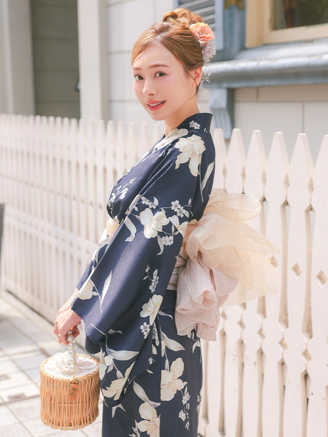 レディース 【帯なし】Dita 2way ワンピース浴衣 百合柄 ネイビー
