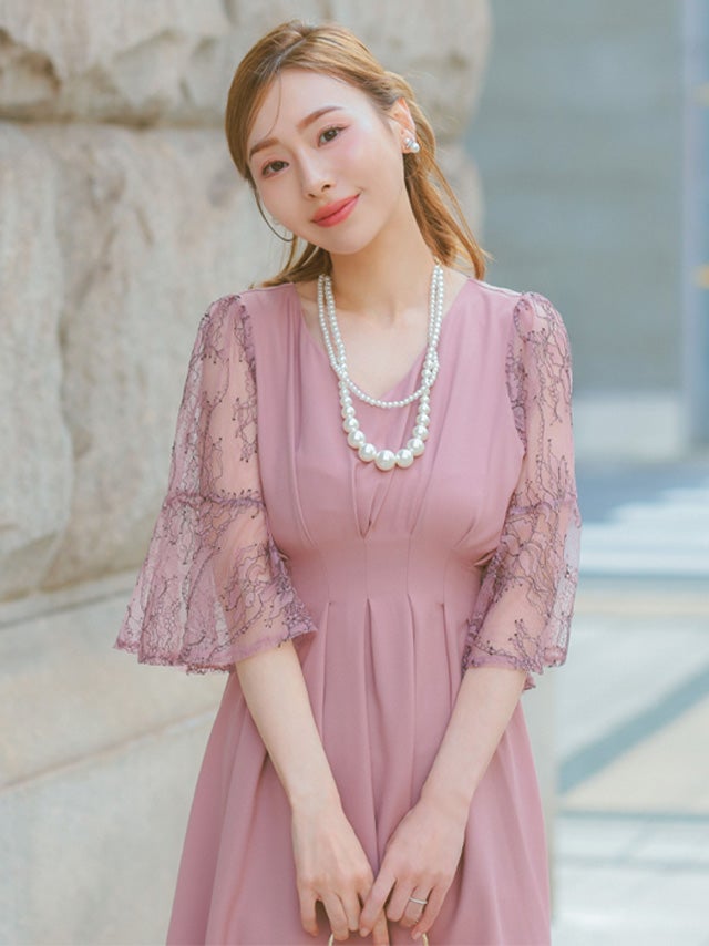 SALE] 五部袖レースXラインフレアワンピースパーティードレス 結婚式