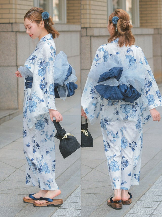 浴衣早割] 白地に水彩ブルー花柄フェミニン2wayワンピース浴衣3点