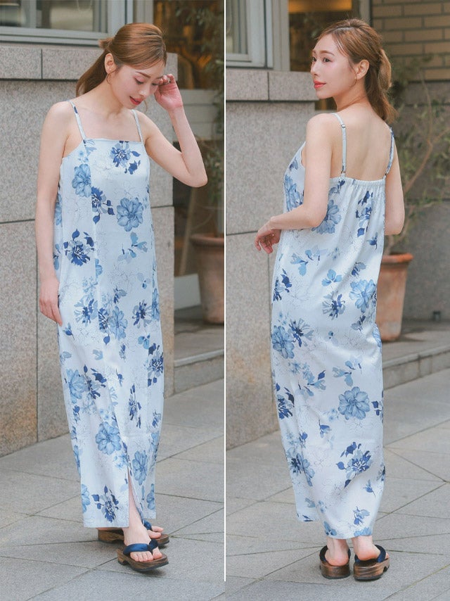 浴衣早割] 白地に水彩ブルー花柄フェミニン2wayワンピース浴衣3点