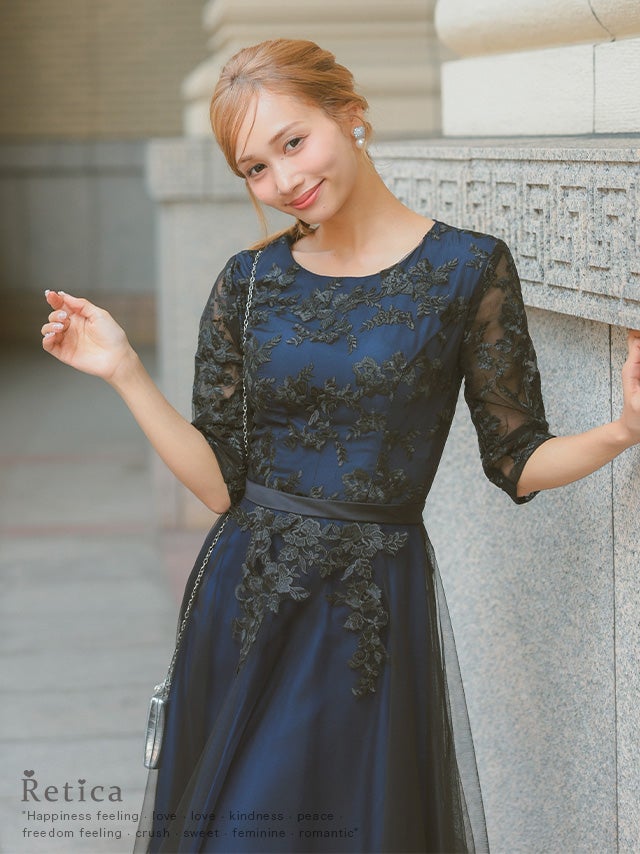 SALE] レース袖ボリュームチュール花柄刺繍ロングパーティードレス