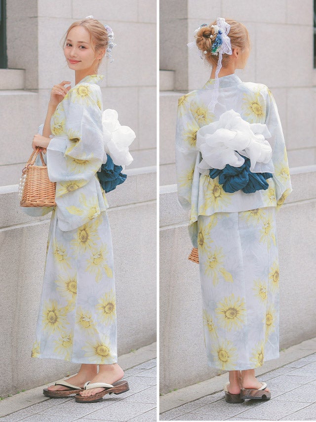SALE] ニュアンスイエロー向日葵柄2wayワンピース浴衣 3点セット（羽織