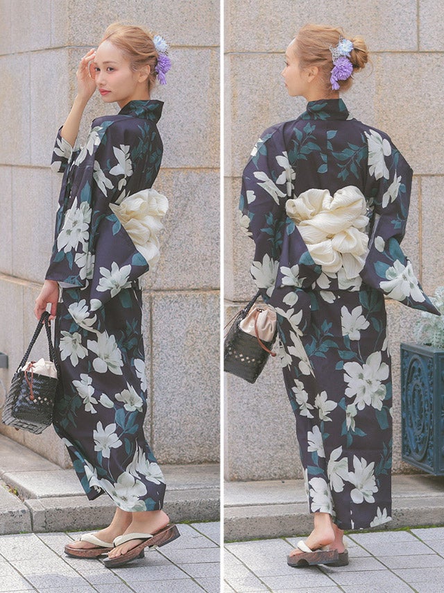 SALE] 黒地に白牡丹柄シック2wayワンピース浴衣3点セット（羽織＋