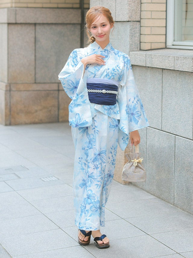 Macle 花柄 浴衣 帯セット 兵児帯 清楚 白 水色 ホワイト ブルー 白地に水彩ブルーガーリー花柄 ネイビー兵児帯2wayワンピース浴衣3点