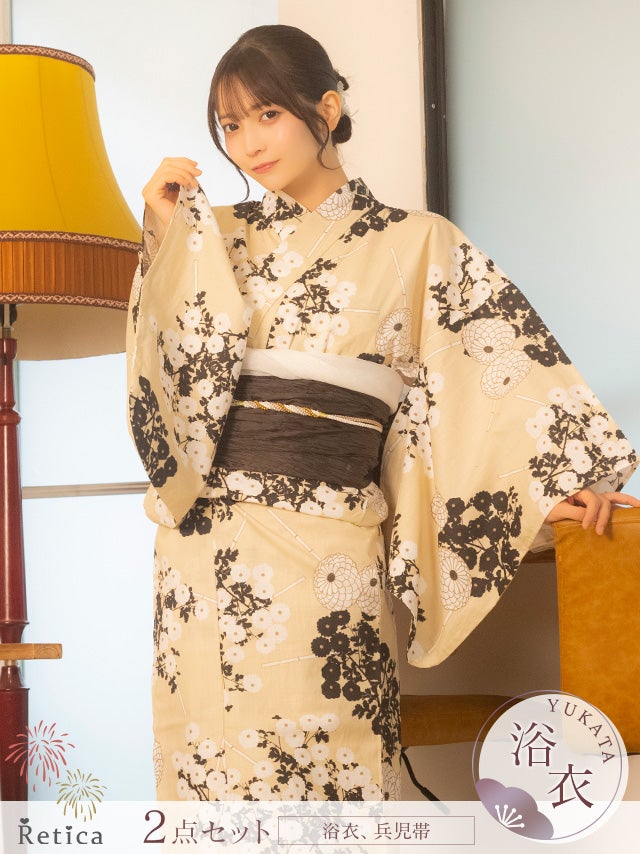 SALE] 生成り菊柄ブラウン兵児帯2点セットレディース浴衣(浴衣+兵児帯