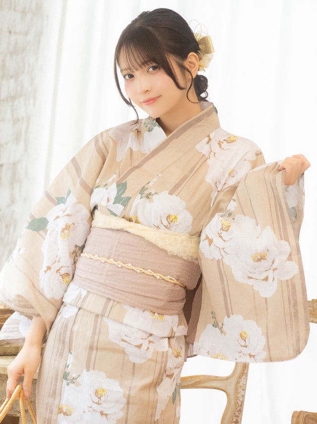 【タグ付き新品】Rちゃん ニュアンスフラワーベージュ浴衣 レディース 浴衣早割] ストライプベージュ生地にニュアンスアンティーク牡丹2点