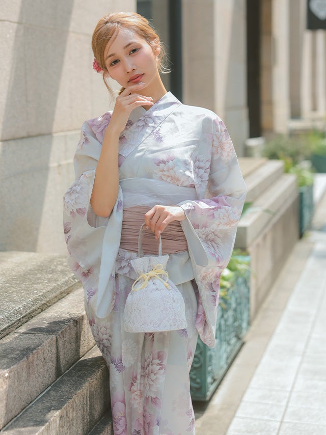 SALE] ベージュ生地に菊と牡丹柄くすみピンクガーリー2wayワンピース