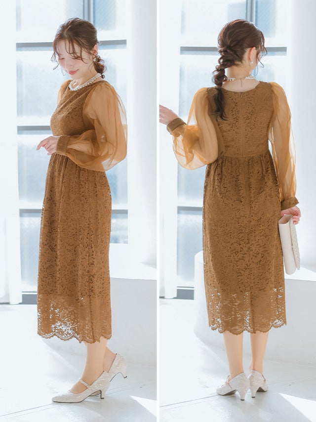 SALE] 長袖シアースリーブ総レースロング丈ワンピースパーティードレス