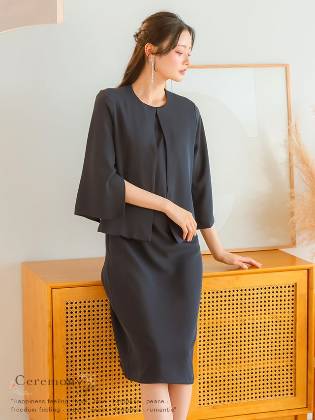 SALE] ノーカラー7分袖ジャケット×ノースリーブワンピース2点セット