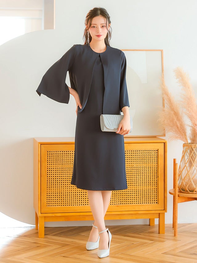 SALE] ノーカラー7分袖ジャケット×ノースリーブワンピース2点セット